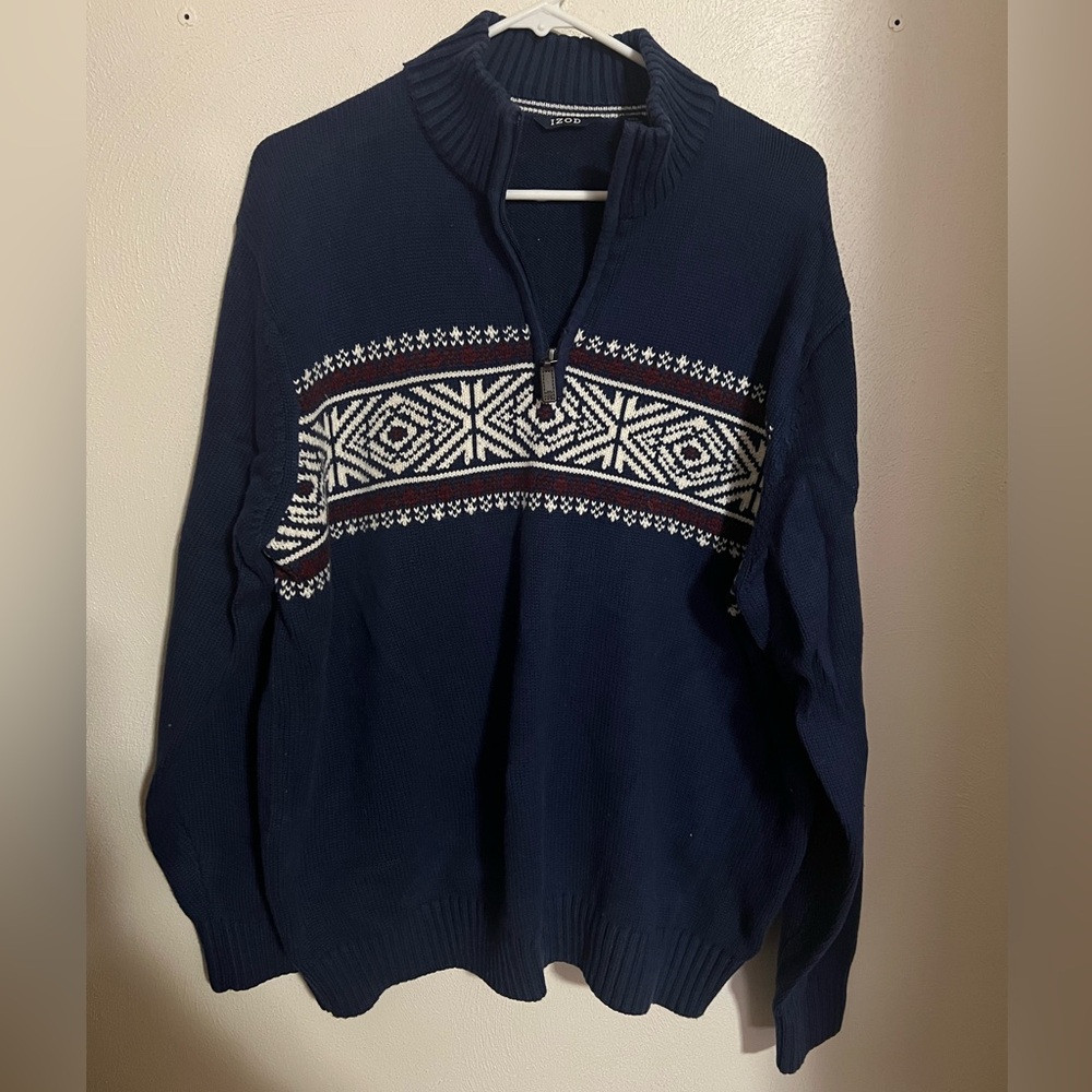 IZOD Classic Knit Fair Isle Quarter Zip Sweater Navy Blue White Maroon Men's XL